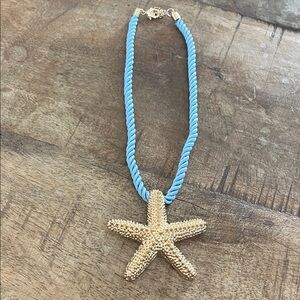 Gold Starfish Pendant Necklace on Light Blue Rope